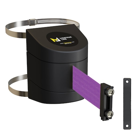 Montour Line Retractable Belt Barrier Black Clamped Wall Mount, 15' Purple Belt (M) PWM200-BK-PE-C-M-150